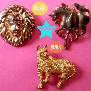 Set of Three Vintage Animal Brooches\Pins, Lion Brooch, Horse Brooch, Leopard Brooch