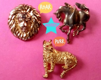 Set of Three Vintage Animal Brooches\Pins, Lion Brooch, Horse Brooch, Leopard Brooch