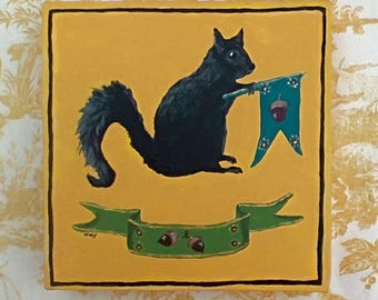 Original Painting of a Black Squirrel with Banners and Acorns