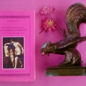 May include: A pink book with the title "Vedi quella nuvola - non sembra un oscurita?" and a painting of three nude figures on the cover. A bronze bird sculpture with a long tail is on a black base to the right of the book.