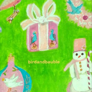 Christmas Painting Print with Birds, Ornaments,Snowman, Wreath,Bell and Present image 2