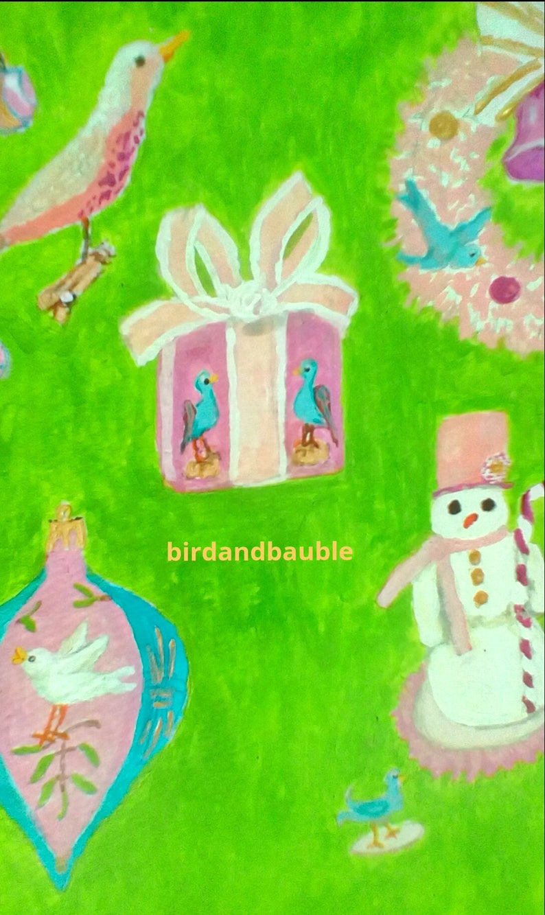 Christmas Painting Print with Birds, Ornaments,Snowman, Wreath,Bell and Present image 2