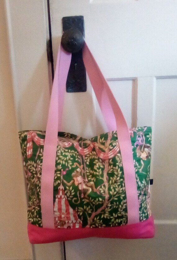 Preppy Pink and Green Monkey Vintage Tote Bag, Ch… - image 7