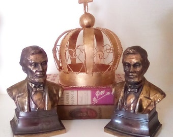 Vintage Abraham Lincoln Hand Cast Metal Ware Bookends by The Philadelphia Metal Company Circa 1950-1970, President Lincoln Busts
