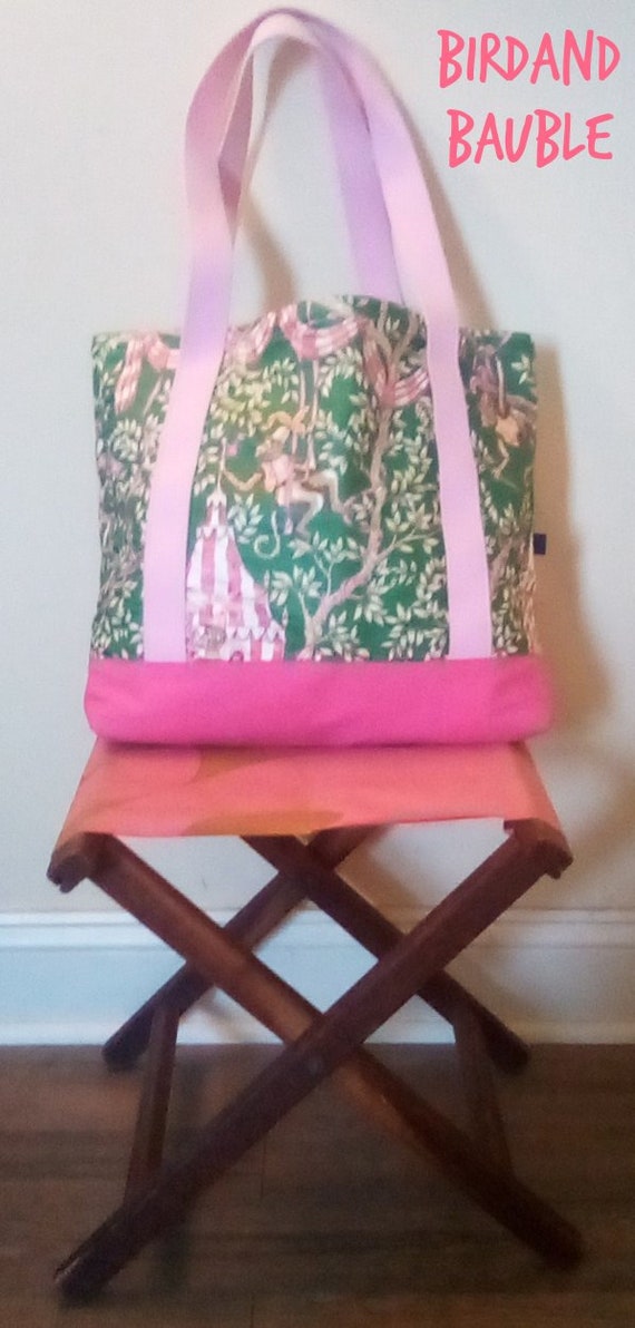 Preppy Pink and Green Monkey Vintage Tote Bag, Ch… - image 8