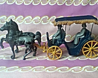 Vintage Cast Metal Horse and Carriage with Fringed Canopy by Stanley, USA