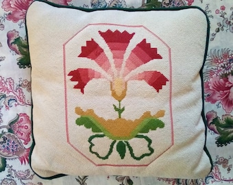 Lotus Blossom Needlepoint Pillow, Vintage Floral Pillow
