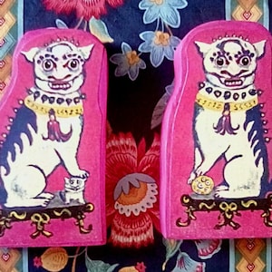 Foo Dogs/Temple Dogs, Foo Dog Wood Sculptures from My Original Painting, Pink Foo Dogs, Foo Dog Figures