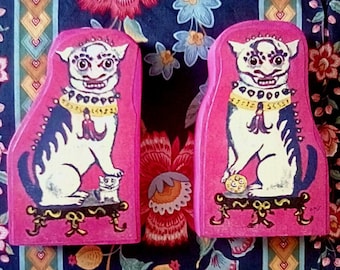 Foo Dogs/Temple Dogs, Foo Dog Wood Sculptures from My Original Painting, Pink Foo Dogs, Foo Dog Figures