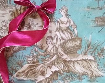 Vintage French Toile de Jouy Fabric Remnant, Pastoral Scenes, Chinoiserie Chic, Pastoral Scenes and Remnant Toile Fabric