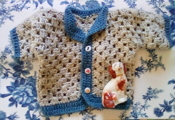 Hand Knit Vintage Tan with Blue Trim Baby/Toddler… - image 5