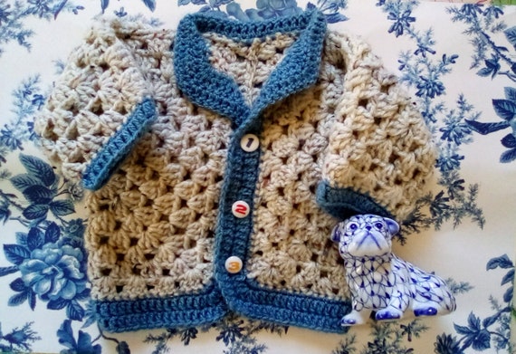 Hand Knit Vintage Tan with Blue Trim Baby/Toddler… - image 1