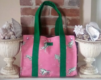 Preppy Pink Frog Vintage Tote Bag, Chinoiserie Frog Tote Bag