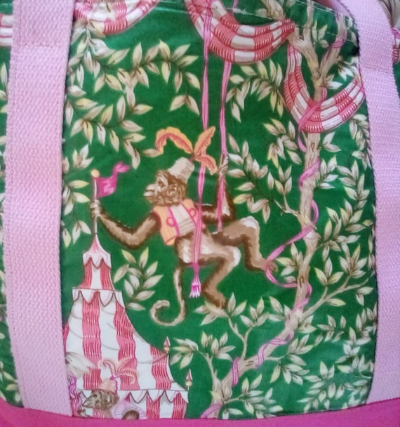 Preppy Pink and Green Monkey Vintage Tote Bag, Ch… - image 2