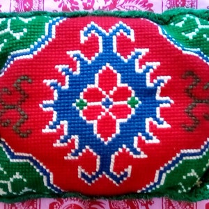 Vintage Handmade Needlepoint Pillow, Folk Art Green, Blue, Red and White Pillow