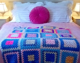 Vintage Multi Colored Hand Knit Blanket/Square Pattern Afghan