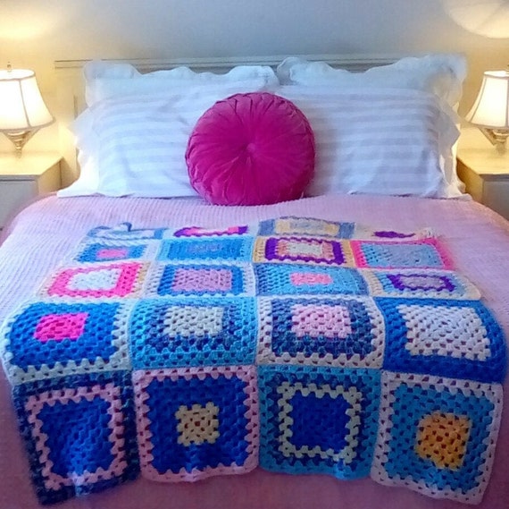 Vintage Multi Colored Hand Knit Blanket/Square Pattern Afghan