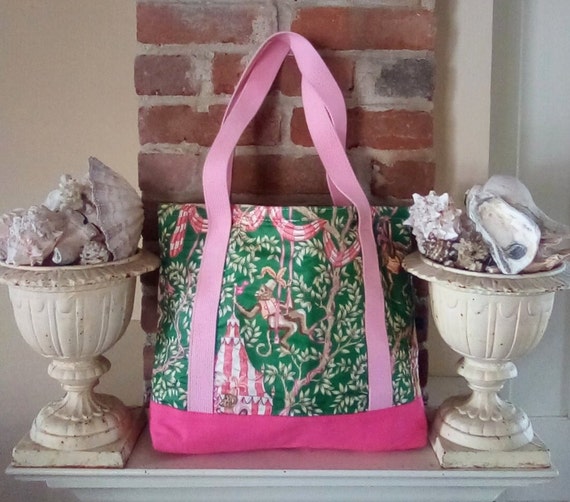Preppy Pink and Green Monkey Vintage Tote Bag, Ch… - image 1