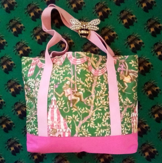 Preppy Pink and Green Monkey Vintage Tote Bag, Ch… - image 6