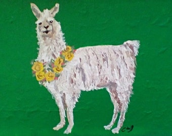 Original Painting of a Llama Wearing a Garland