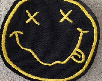 smiley face patch, grunge patch, happy face patch, yellow smiley face, 90s rock, gift under 10, 90s grunge patch, music patch