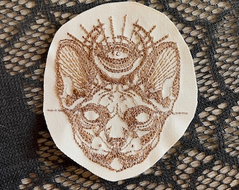 Cat patch, sphinx cat patch, embroidered cat applique, mystical animal applique, gift under 10, gift for her, unique cat patch, pretty kitty
