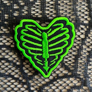 Ribcage heart patch, embroidered heart patch, goth love patch, emo patch, skulls and bones, gift under 10, bony heart, gift for her