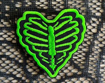 Ribcage heart patch, embroidered heart patch, goth love patch, emo patch, skulls and bones, gift under 10, bony heart, gift for her