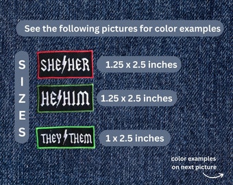 Pronoun patches, pronoun badges, personal pronouns, transgender, nonbinary, queer, he/him, she/her, they/them, rock & roll pronoun patch