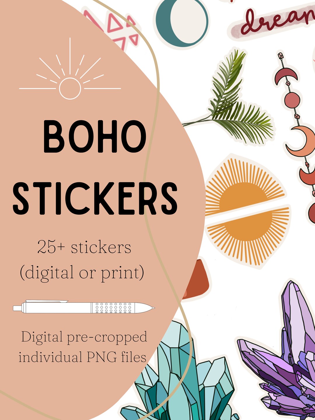 Boho Sticker Sheet #1 - Digital Pre-cropped Boho Stickers! Perfect for ...
