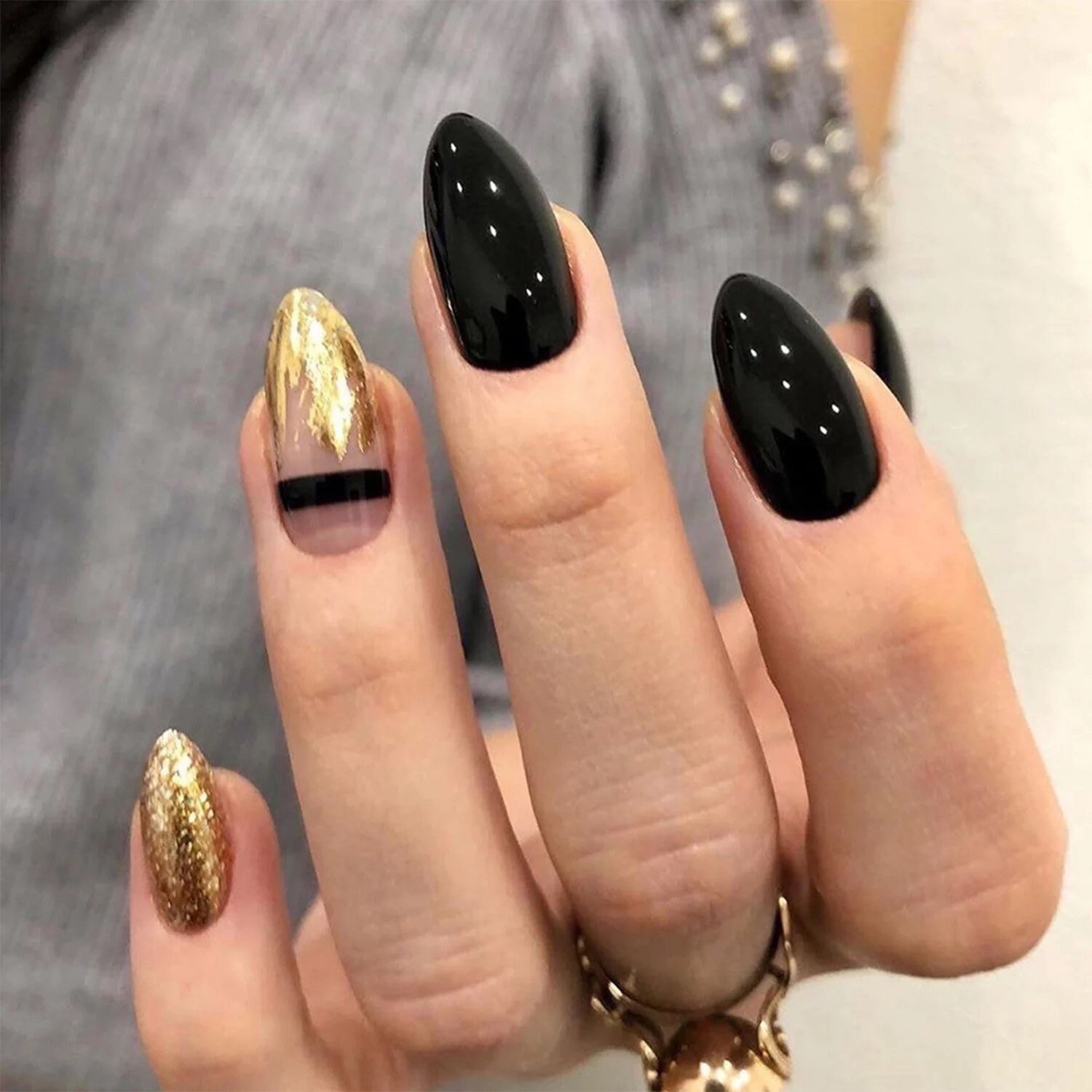 Black and Gold Press on Nails Etsy