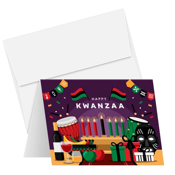 Happy Kwanzaa Greeting Cards, African American Celebration Card, Colorful and Bright Seven Candles Design | 4.25 x 5.5" | 10 per Pack