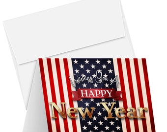 2024 Happy New Year – American Flag Christmas Greeting Cards – USA Patriotic Holiday Greetings, Invitations | 4.25 x 5.5" | 25 per Pack