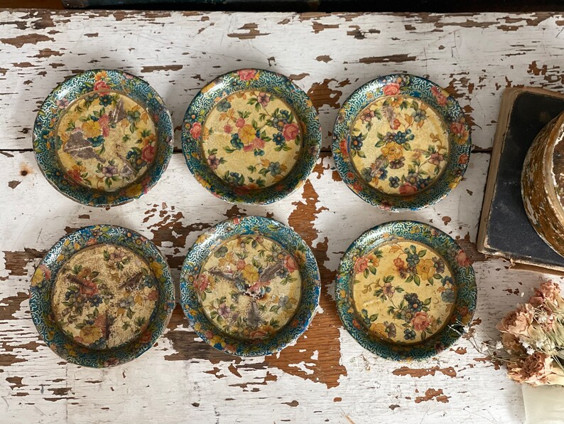 Vintage Paper Mache Coasters/ Floral Design/ Rustic/ Tea Etsy