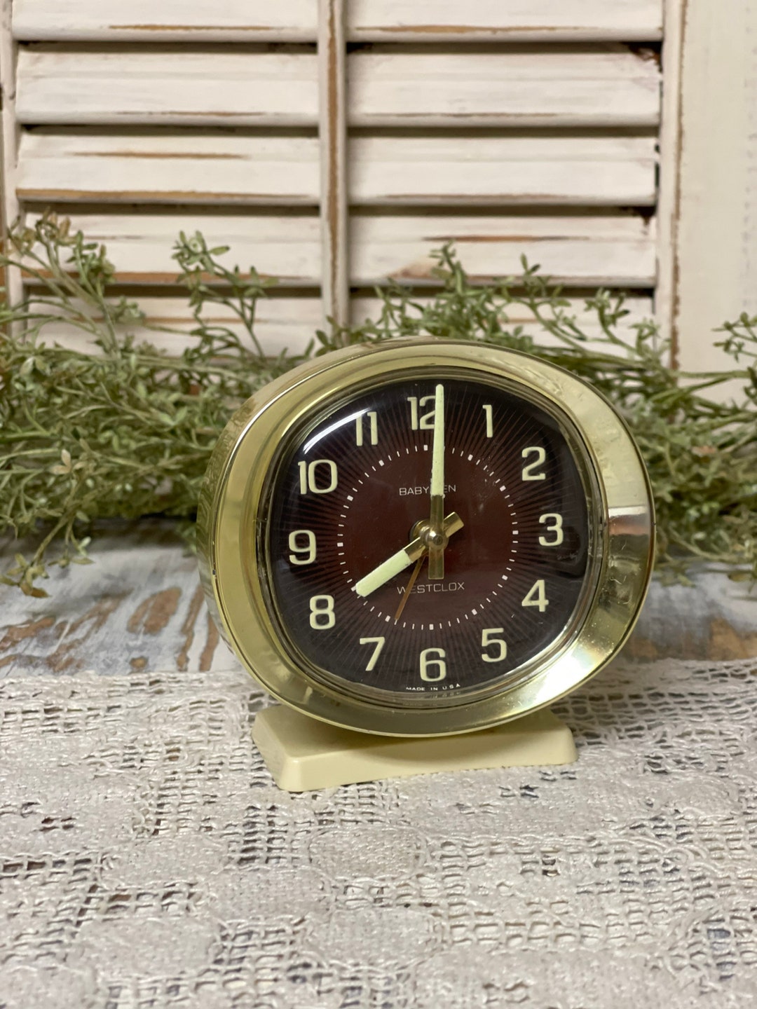 Vintage Clock/ Baby Ben/ Baby Ben Clock/ West Clox/ White / Gold/ Retro