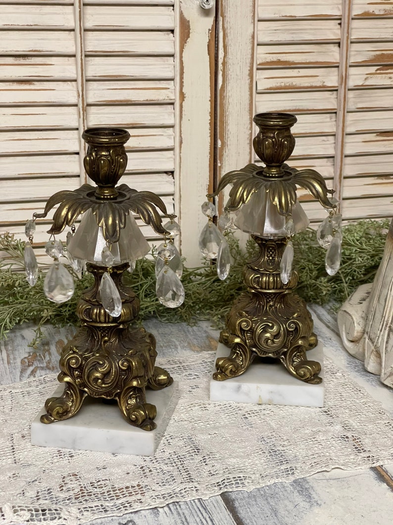Brass and Marble Candlestick Holders/ Crystals/ Victorian/ Etsy