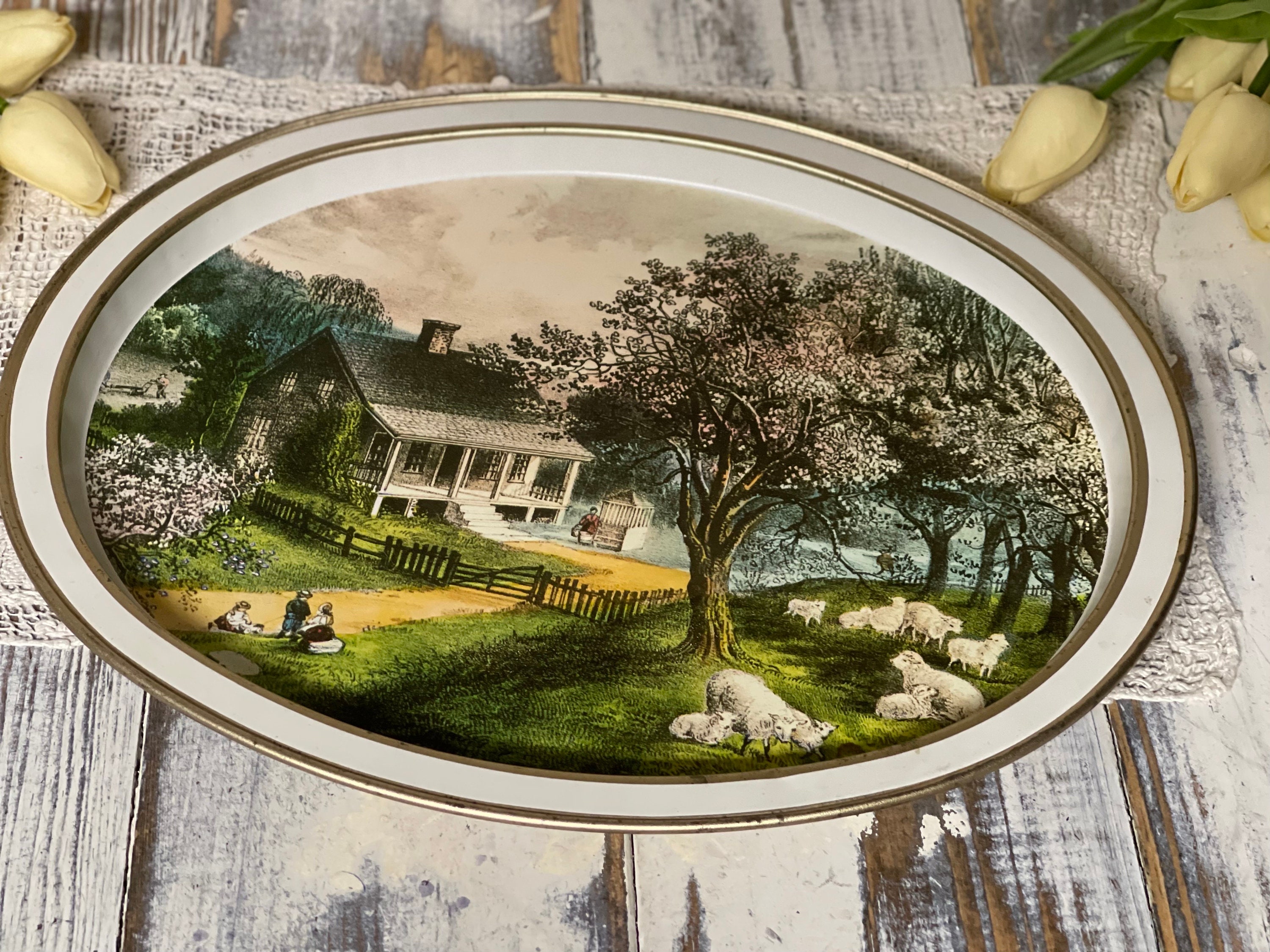 Vintage Oval Metal Serving Tray the American Homestead-spring by ...