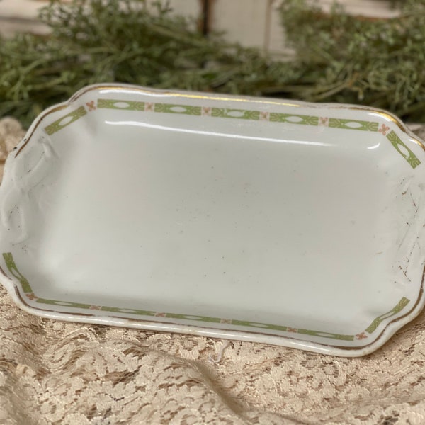 Small glass tray/ white/ green/ Iroquois/ china/ the Starnes co/ Chicago/ jewelry tray/ vanity decor/ ironstone