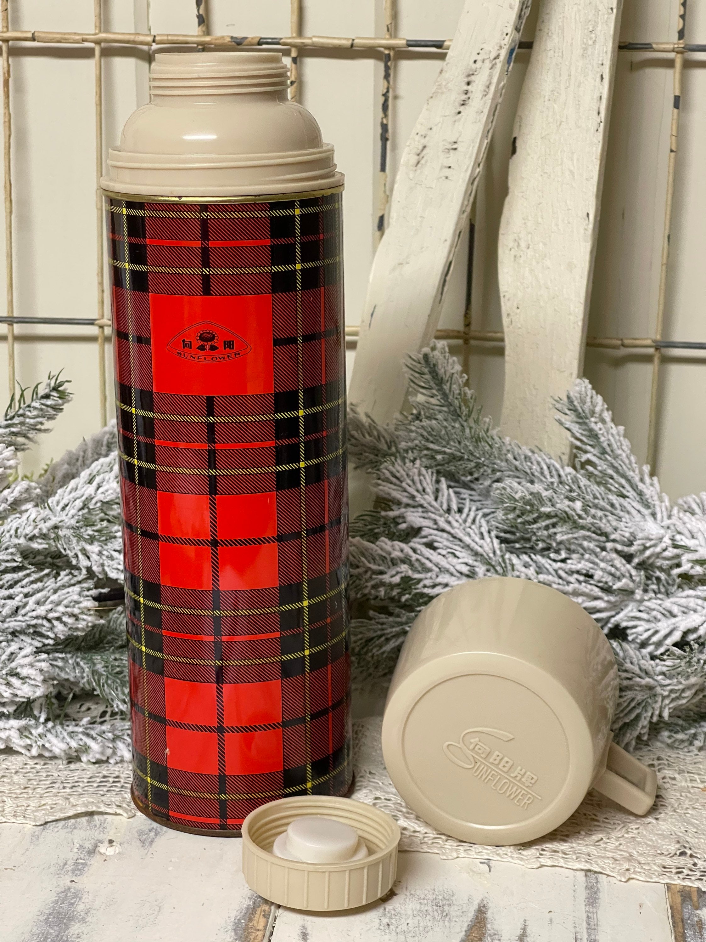 Red & Green Tartan Plaid Thermos Glass Ornament