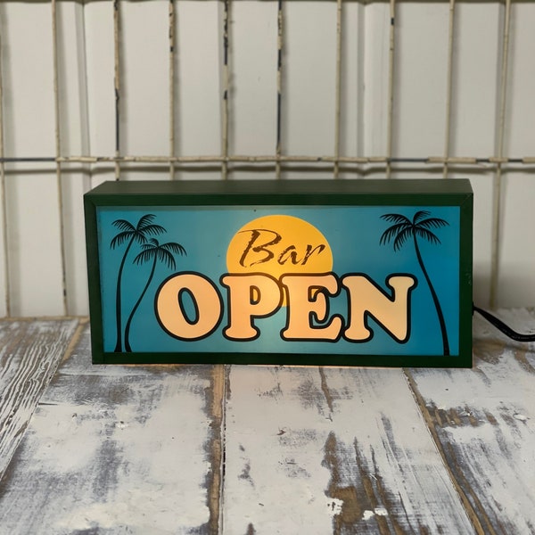 Bar open/ light/ sign/ palm tree/ plug in light/ tiki bar/ decor green/ open sign