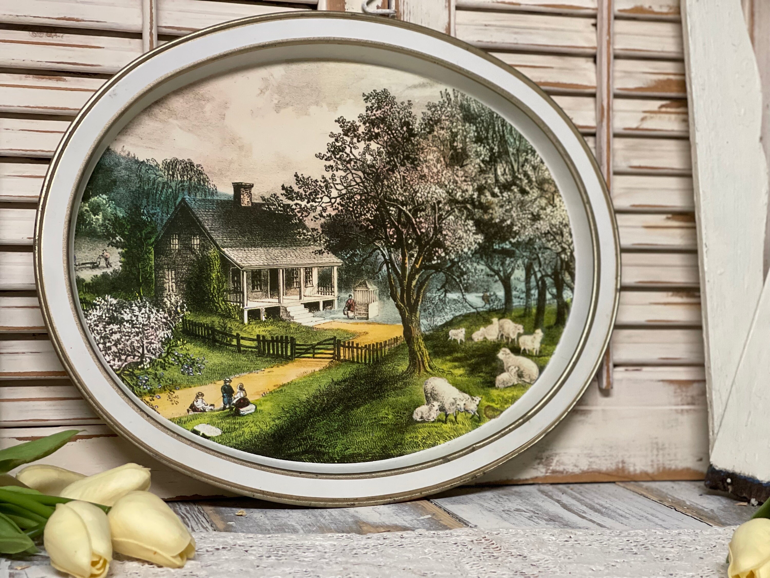 Vintage Oval Metal Serving Tray the American Homestead-spring by ...