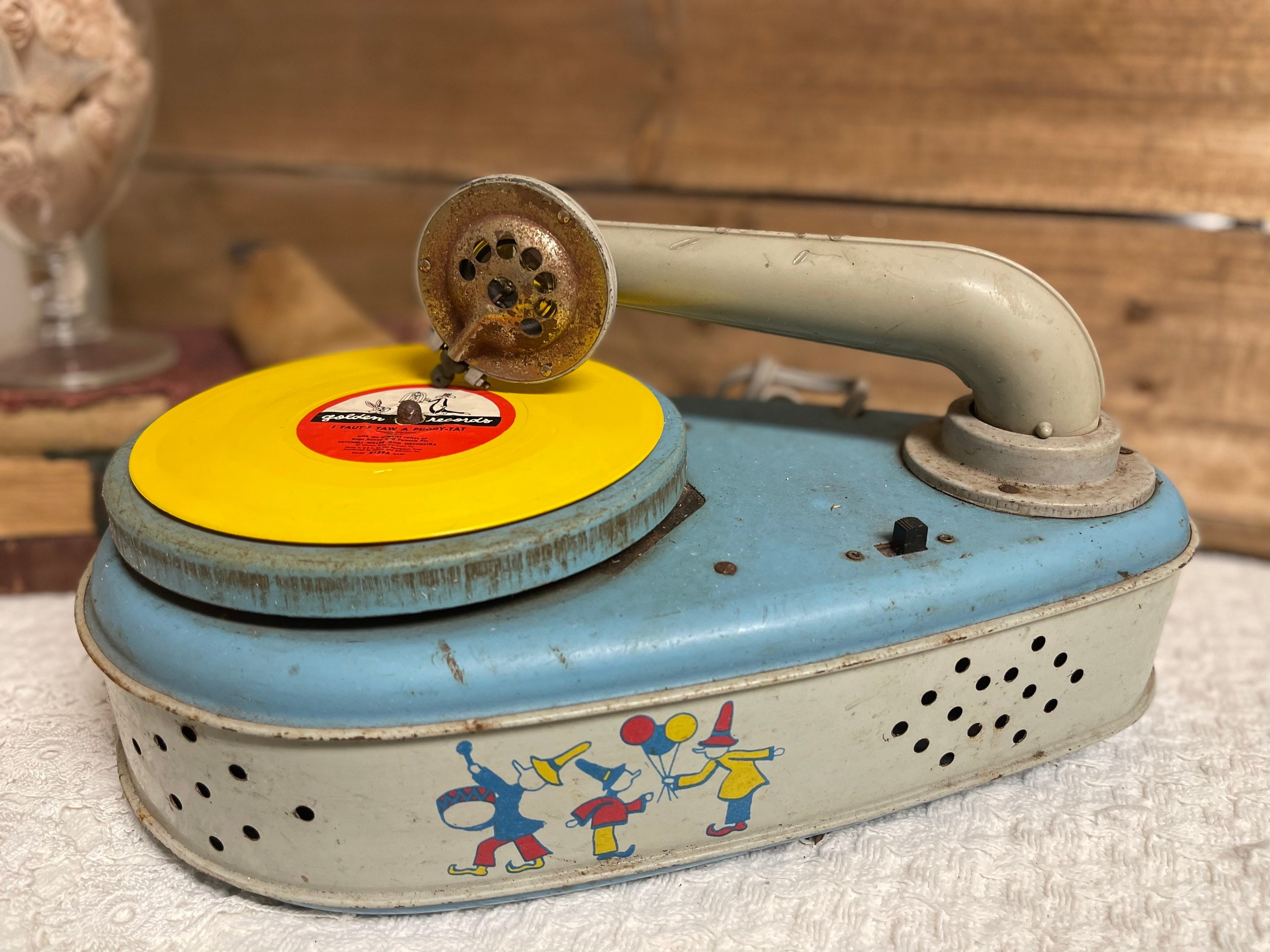 Childs Vintage Electric Tin Phonograph/record Player/ Retro/ Kids