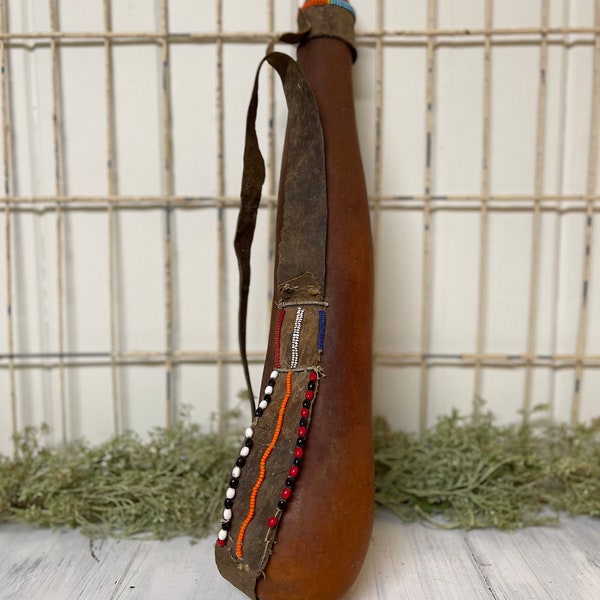 Vintage African tribal beadwork gourd/ Kenya/ Leather straps/ Maasai / Milk gourd/ African jug/ collectible