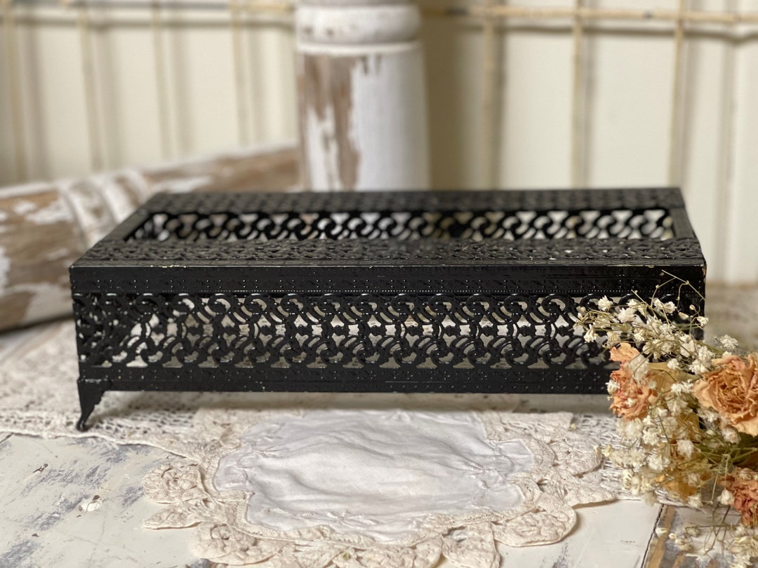Vintage Tissue Box Holder/ Hollywood Regency/ Victorian/ Black/ Metal