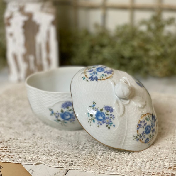 Orlane Paris/ Trinket Box/ Blue Roses, Vintage/ Made in Japan/ vanity/ Dresser Decor/ elegant/ vintage china/ dish with lid
