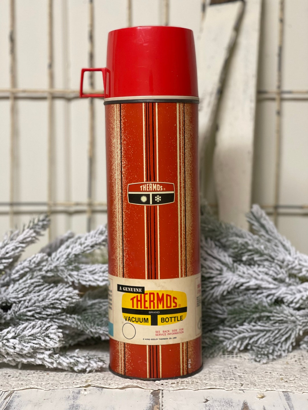 Vintage Thermos/ Red/ Thermos/ Old Label/ Advertising/ Striped/ Antique
