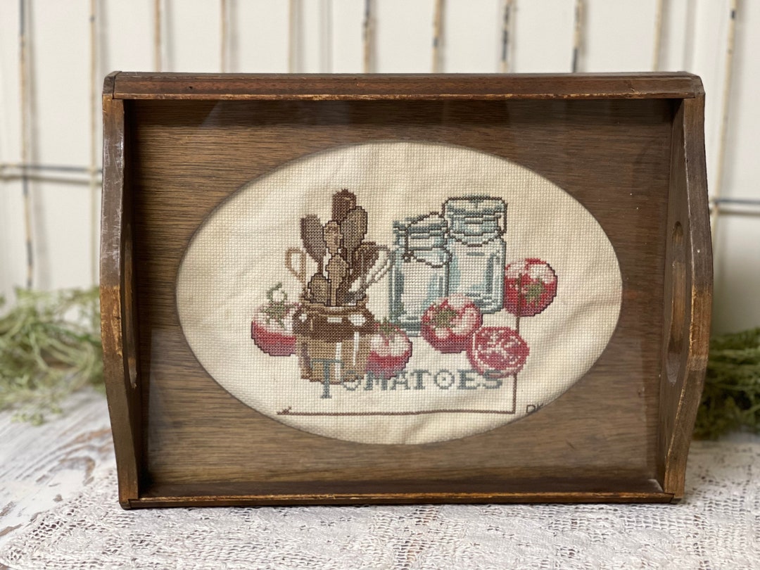 Vintage Decorative Tray/ Wooden Tray / Glass Top/ Canning/ Tomatoes