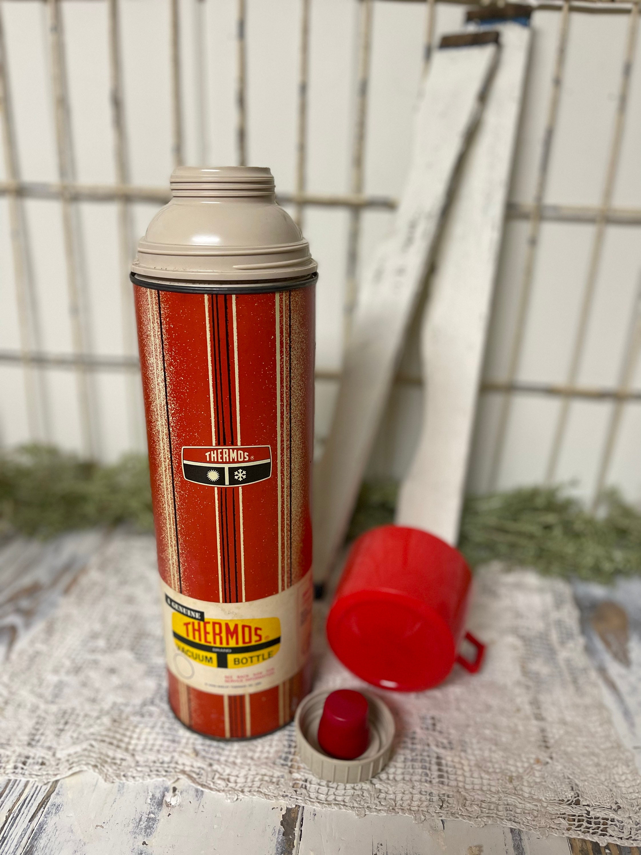 Vintage Icy Hot Red and Grey Thermos, Made by the American Thermos