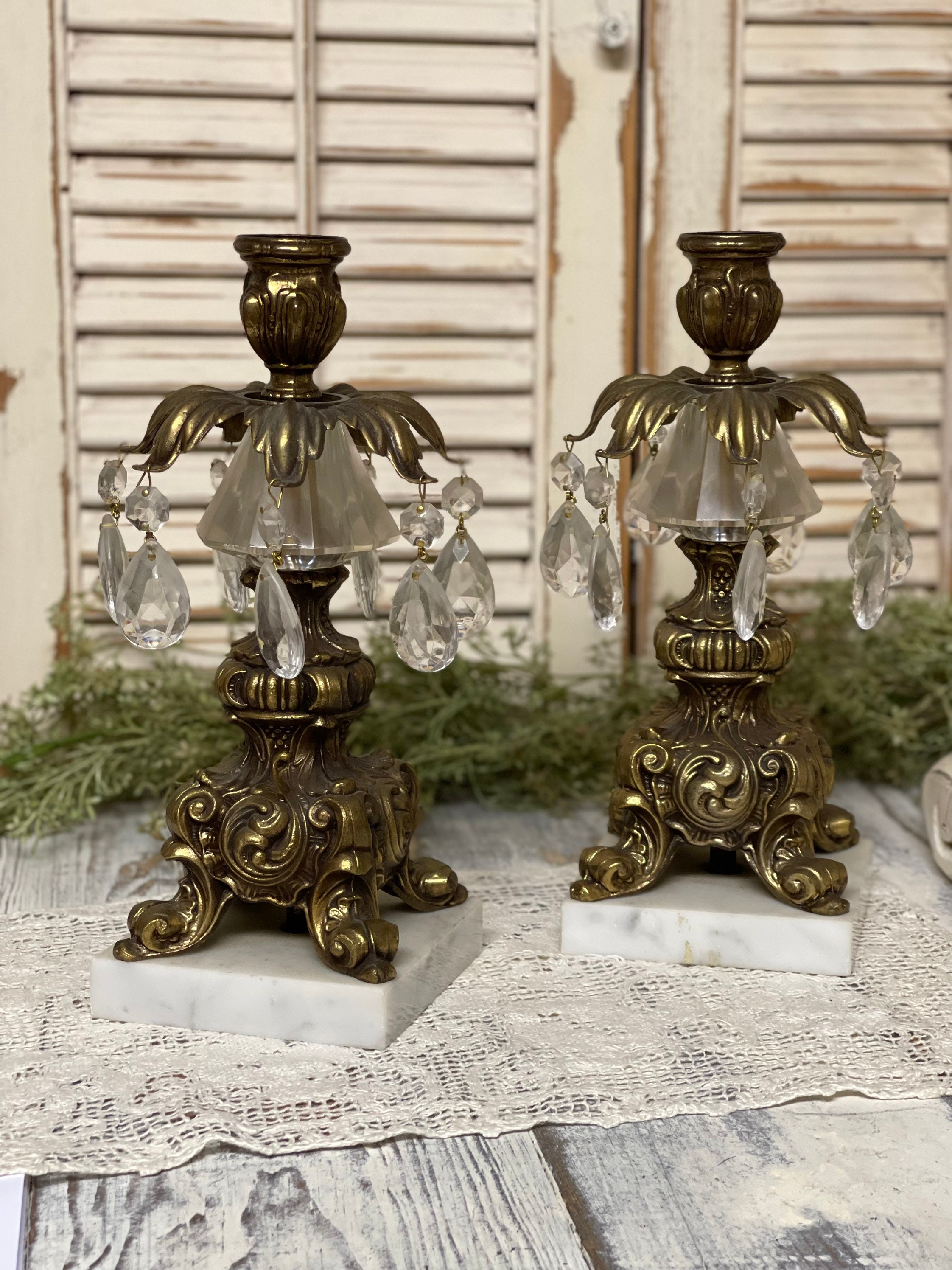 Brass and Marble Candlestick Holders/ Crystals/ Victorian/ Etsy