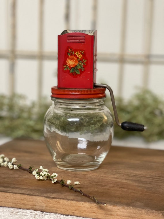 Vintage Farmhouse Nut Grinder/ Spice Grinder/ Red Tin/ Floral